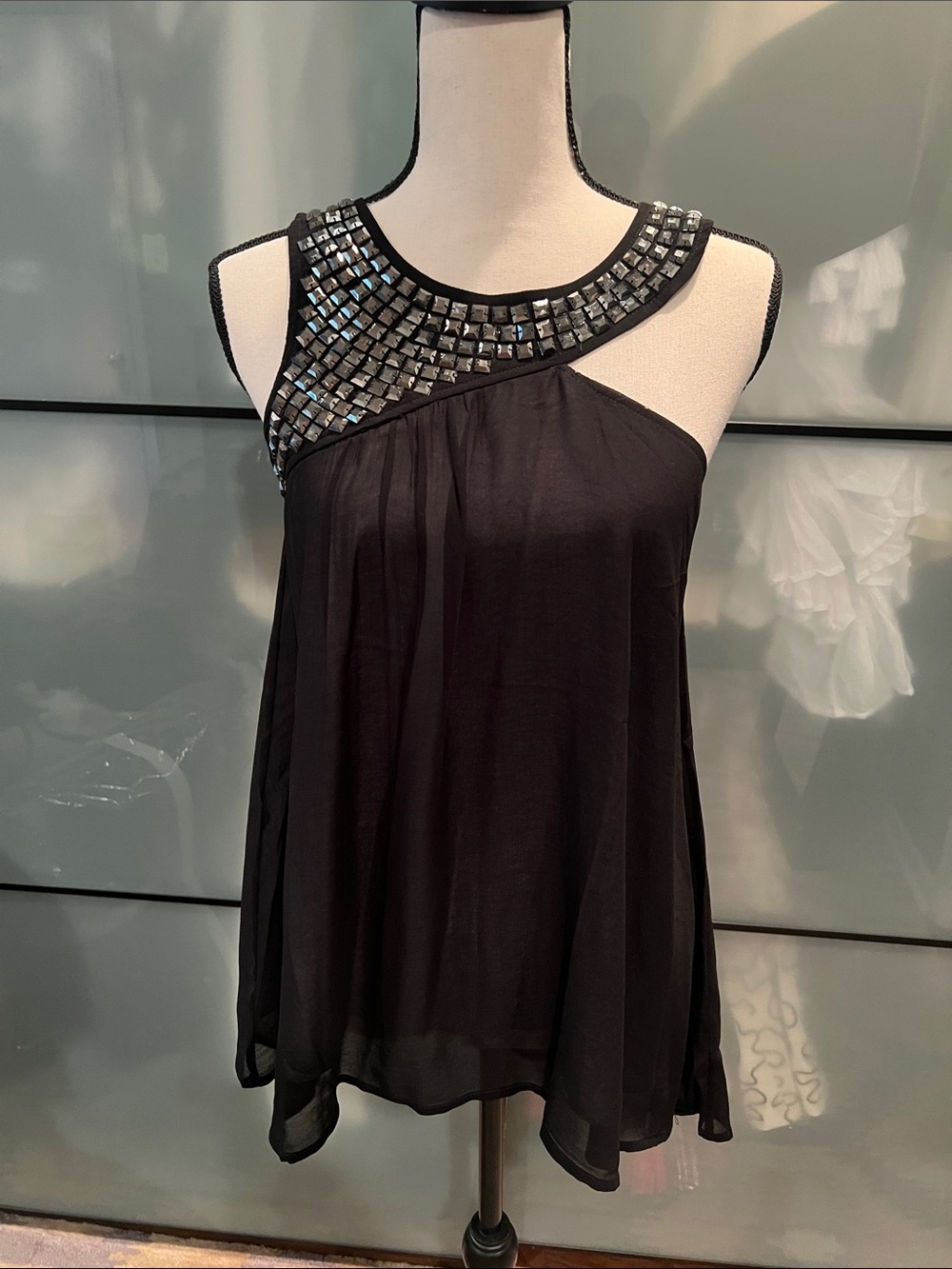 Love Stitch Black One-Shoulder Tank with Mirrored Embellishments